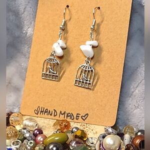 Howlite Bird Cage Charm Artisan Earrings